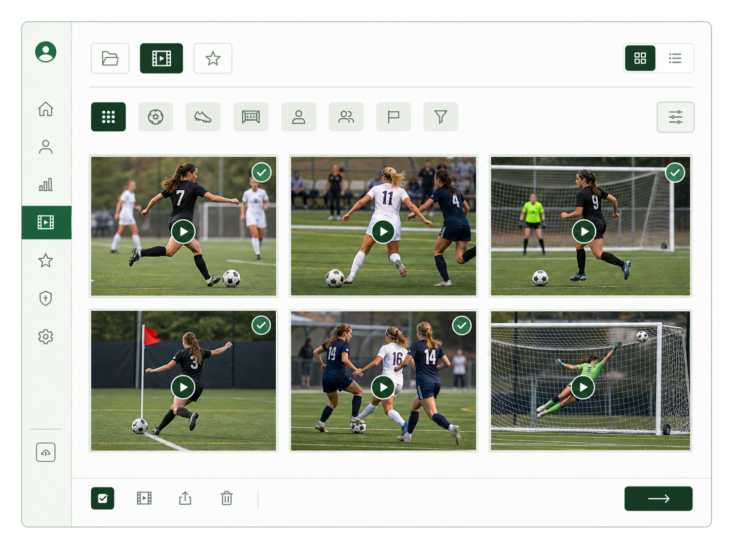 Light clip library preview with selected soccer clips