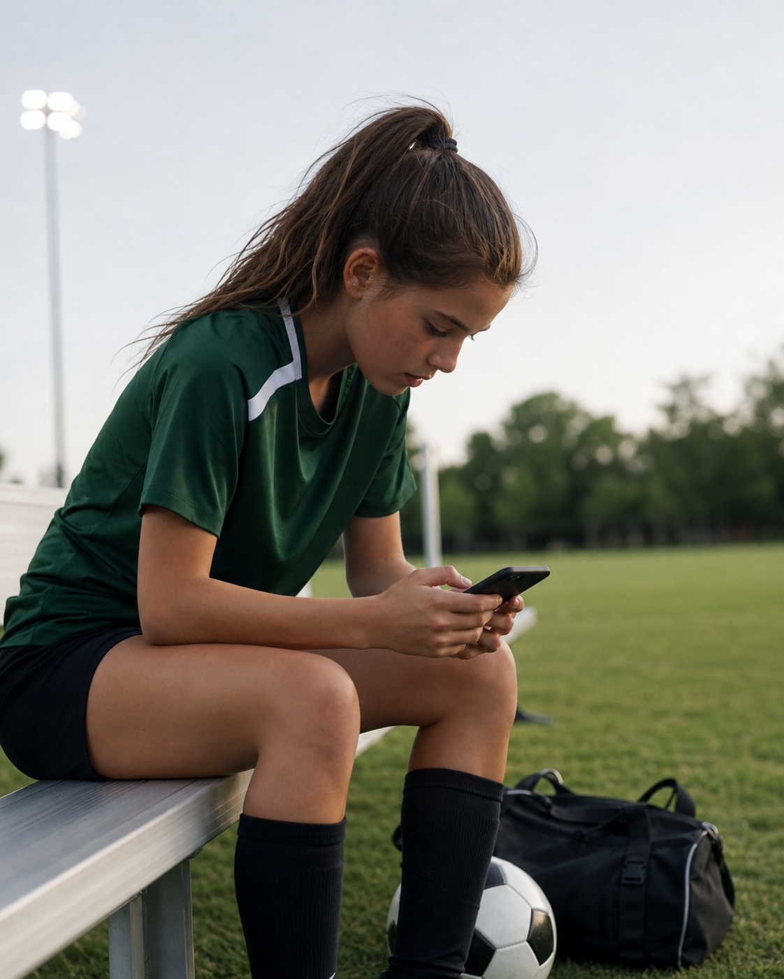 Soccer player reviewing her clips on a phone after a match
