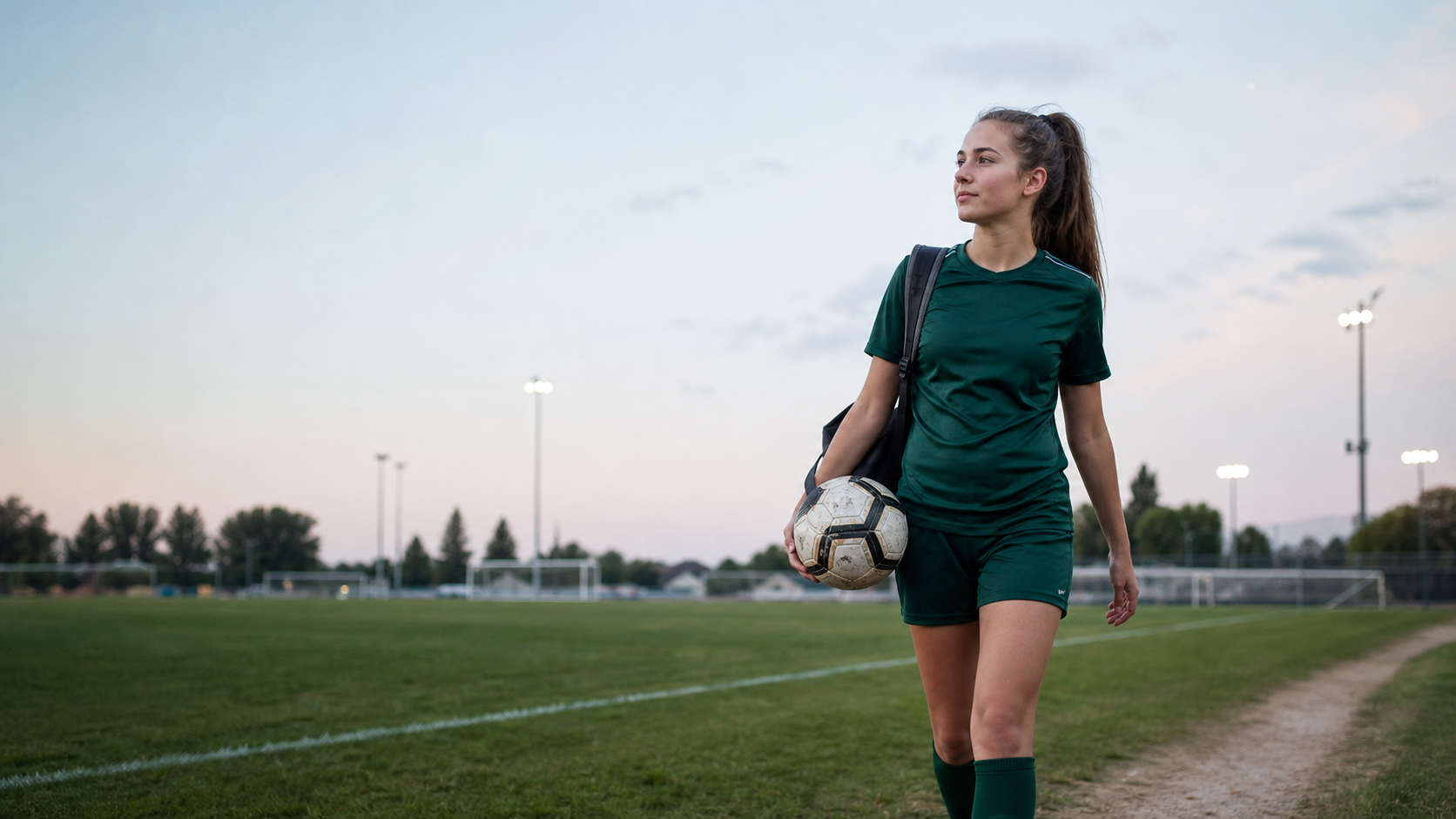 High school soccer player carrying her ball after a match