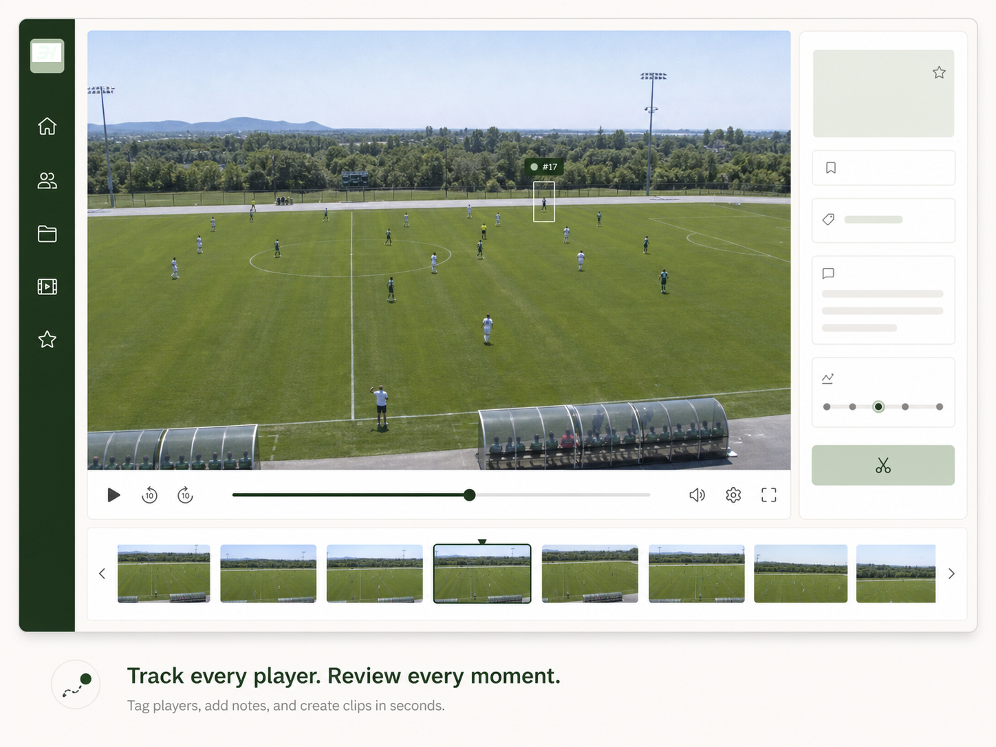 Wide Veo-style field view with a selected soccer player tracked through a recruiting clip
