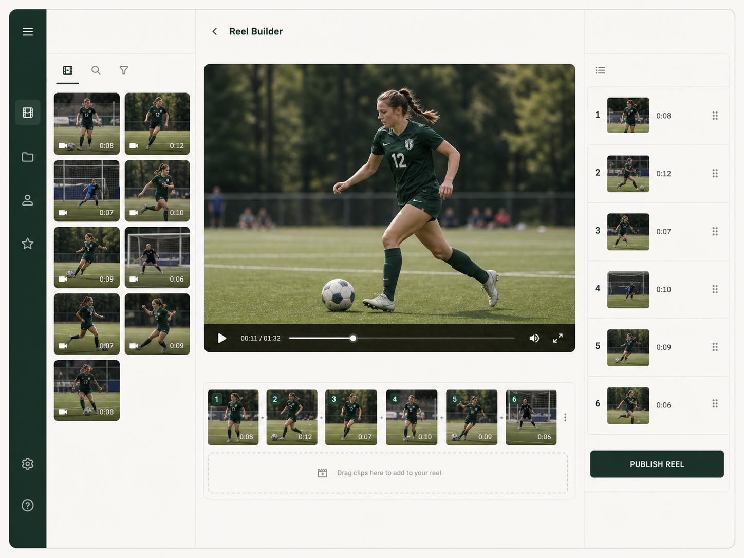 Reel Builder interface with soccer clips arranged into a recruiting reel